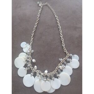 Vintage Mother of Pearl MOP Shell Dangle Necklace Silver 17 in